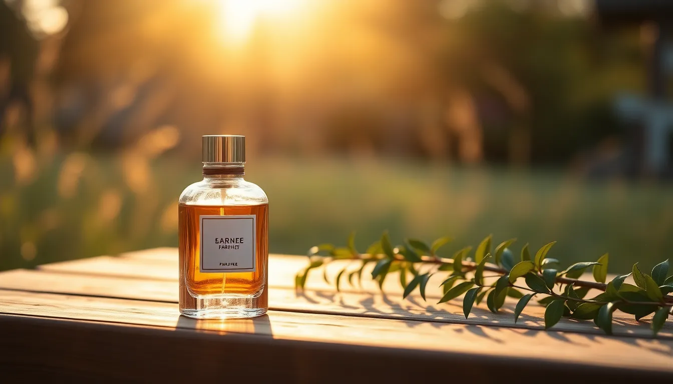 This enchanting photograph captures a perfume bottle elegantly placed on a sun-dappled wooden table surrounded by lush greenery. The golden hour backlighting creates a warm rim light, enhancing the bottle's sleek design and forming a glimmering halo. The dreamy bokeh adds to the nostalgic feel, making this image perfect for promoting outdoor fragrance collections or nature-inspired scents.