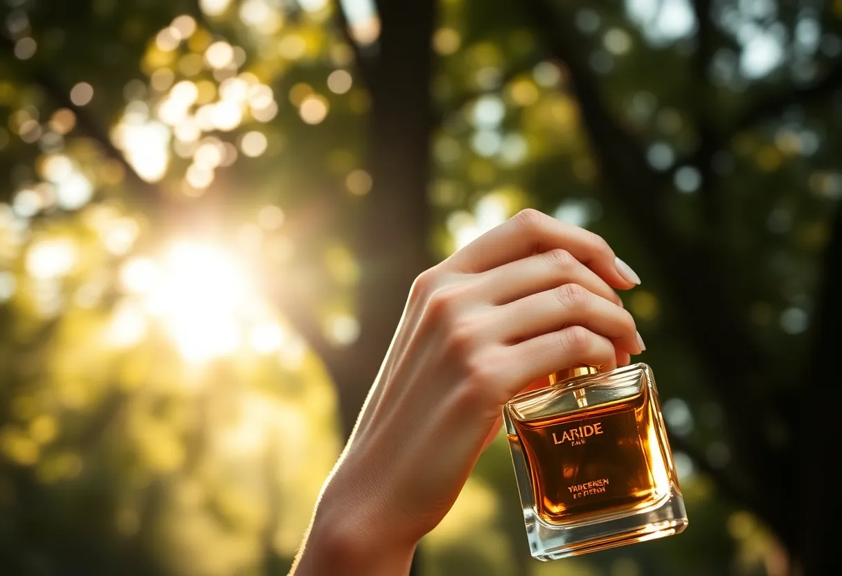 A close-up shot captures a model's hand as she elegantly applies perfume, bathed in dappled sunlight filtering through the tree canopy. The soft focus highlights her natural skin texture and sunlit freckles, enhancing the intimate moment. Earthy colors and a rule of thirds composition evoke a serene ambiance, making this image perfect for beauty and lifestyle branding.