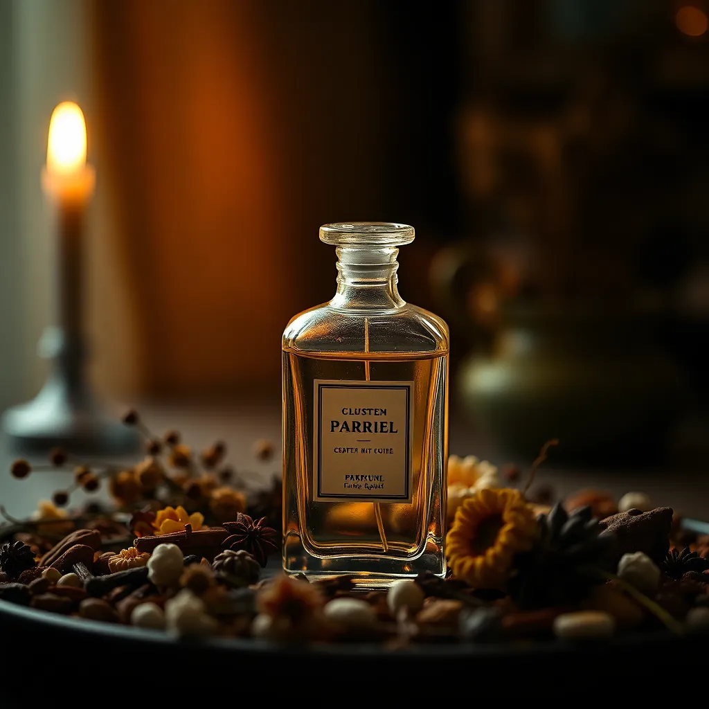 This intimate photograph showcases a vintage perfume bottle placed at the center, surrounded by an arrangement of dried flowers and spices. The warm tungsten lighting casts a soft glow, enhancing the earthy color palette and creating a cozy ambiance. With a shallow depth of field, the background beautifully melts into a soft bokeh, drawing attention to the intricate details of the perfume bottle and its surroundings.
