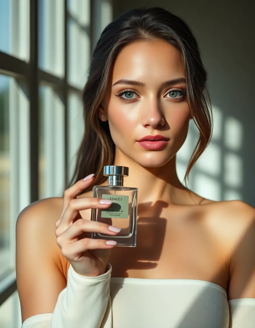 Model Holding Perfume Bottle in Soft Light In this portrait, a model delicately holds a stylish perfume bottle while bathed in gentle, diffused daylight. Her natural beauty is accentuated by the soft lighting and the carefully chosen muted color palette. The composition draws the eye towards her expressive features and the elegant bottle, making it a striking representation of beauty and elegance in the fashion world.