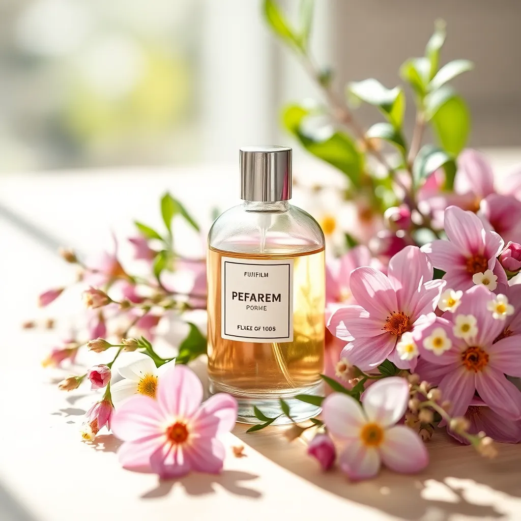 Perfume Bottle Surrounded by Fresh Flowers This close-up image beautifully presents a perfume bottle nestled among fresh flowers and herbs, capturing the essence of springtime freshness. The soft daylight illuminates the scene, creating a warm, inviting atmosphere. The delicate textures and soft pastel colors enhance the overall composition, making it an alluring representation of beauty and nature.