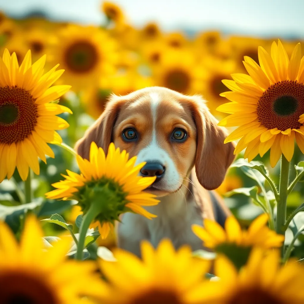 Beagle Puppy Among Sunflowers