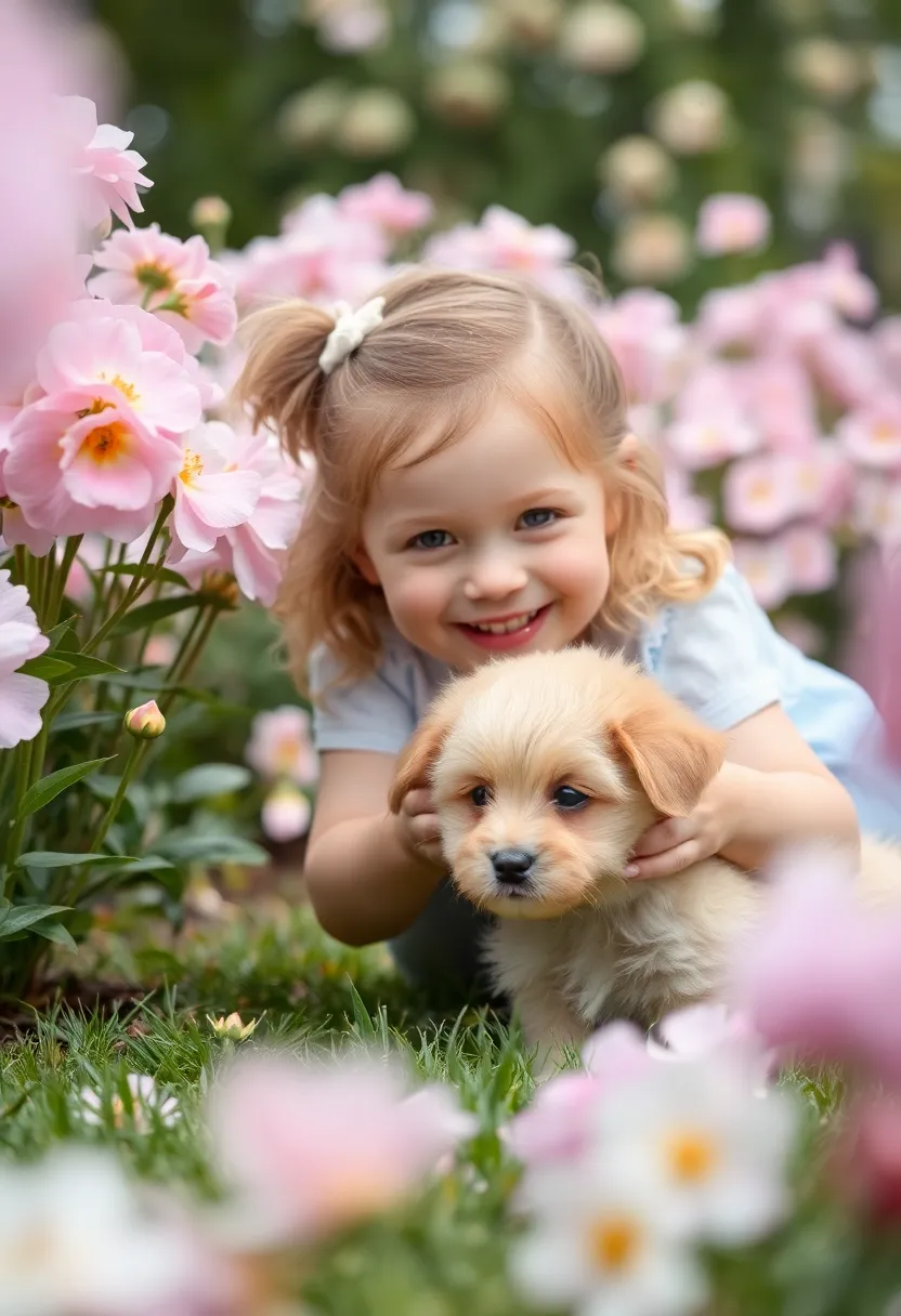 Young Girl Playing with Puppy in Flower Garden