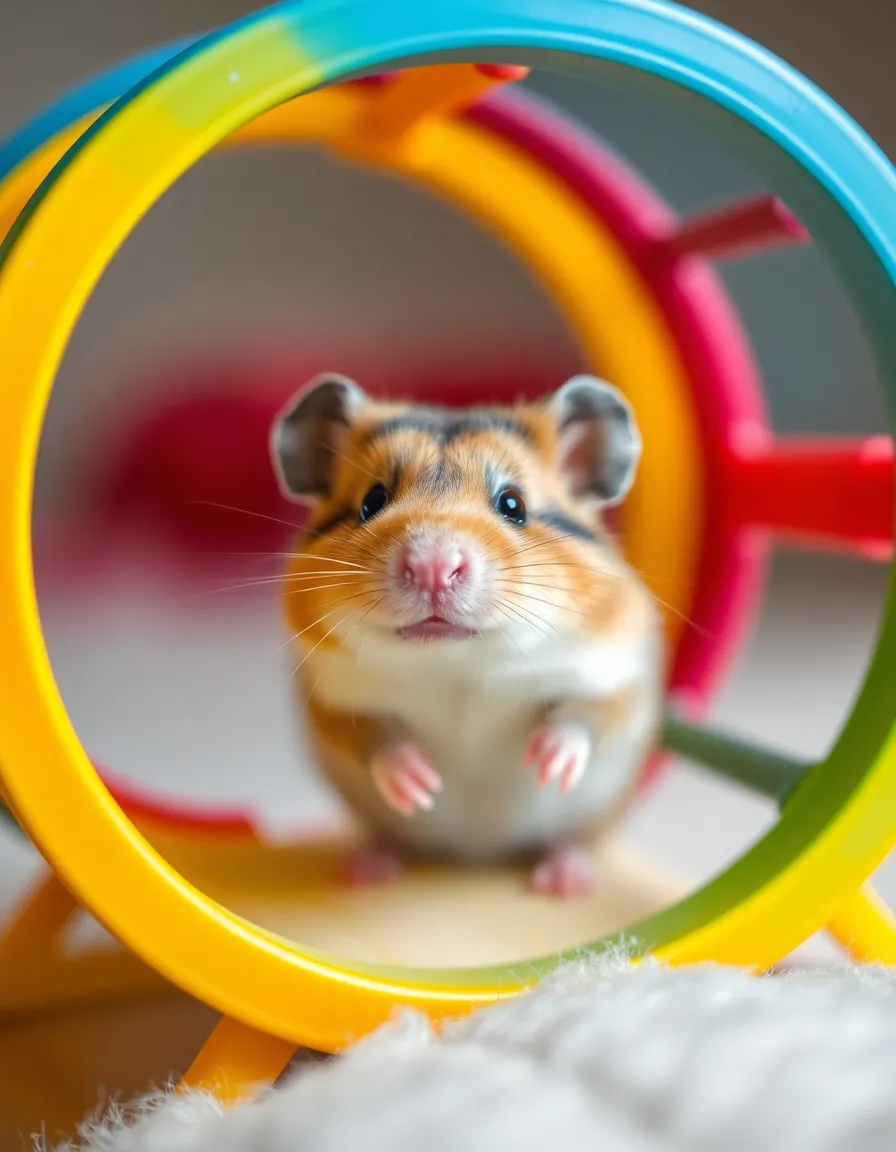 Curious Hamster in Colorful Wheel
