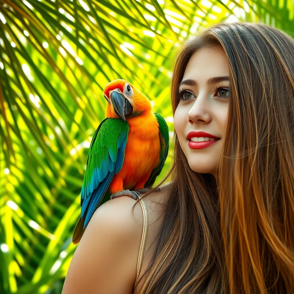 Young Woman with Colorful Parrot