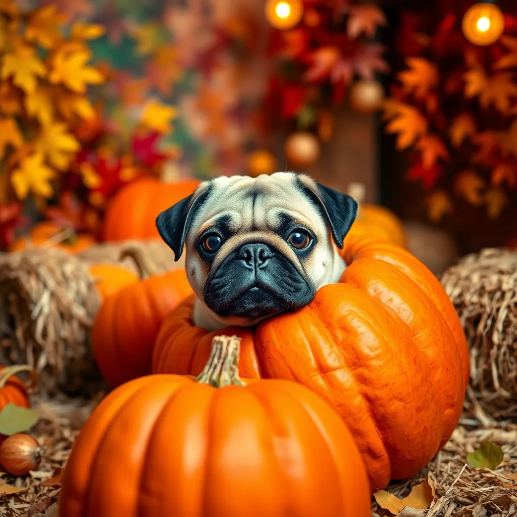 Pug in Pumpkin Surrounded by Fall Foliage