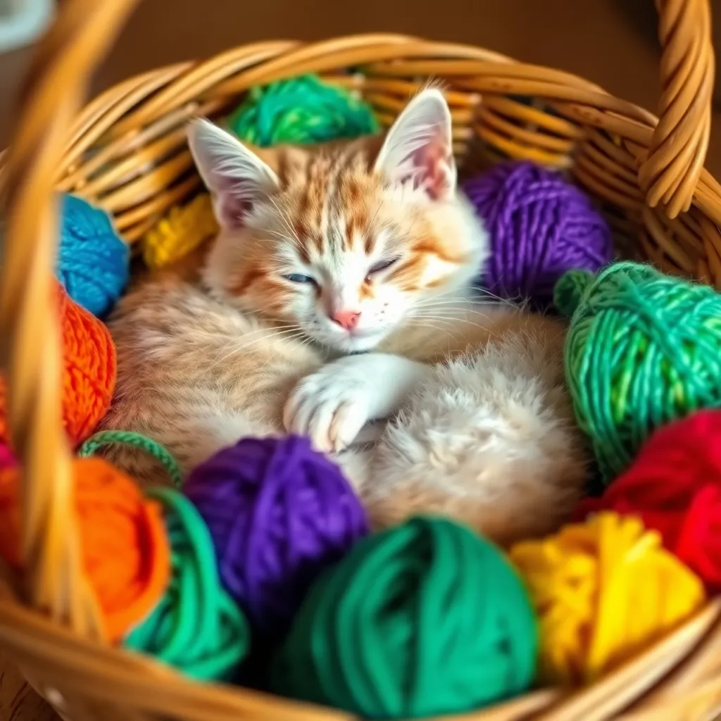 Cat in Cozy Basket with Yarn