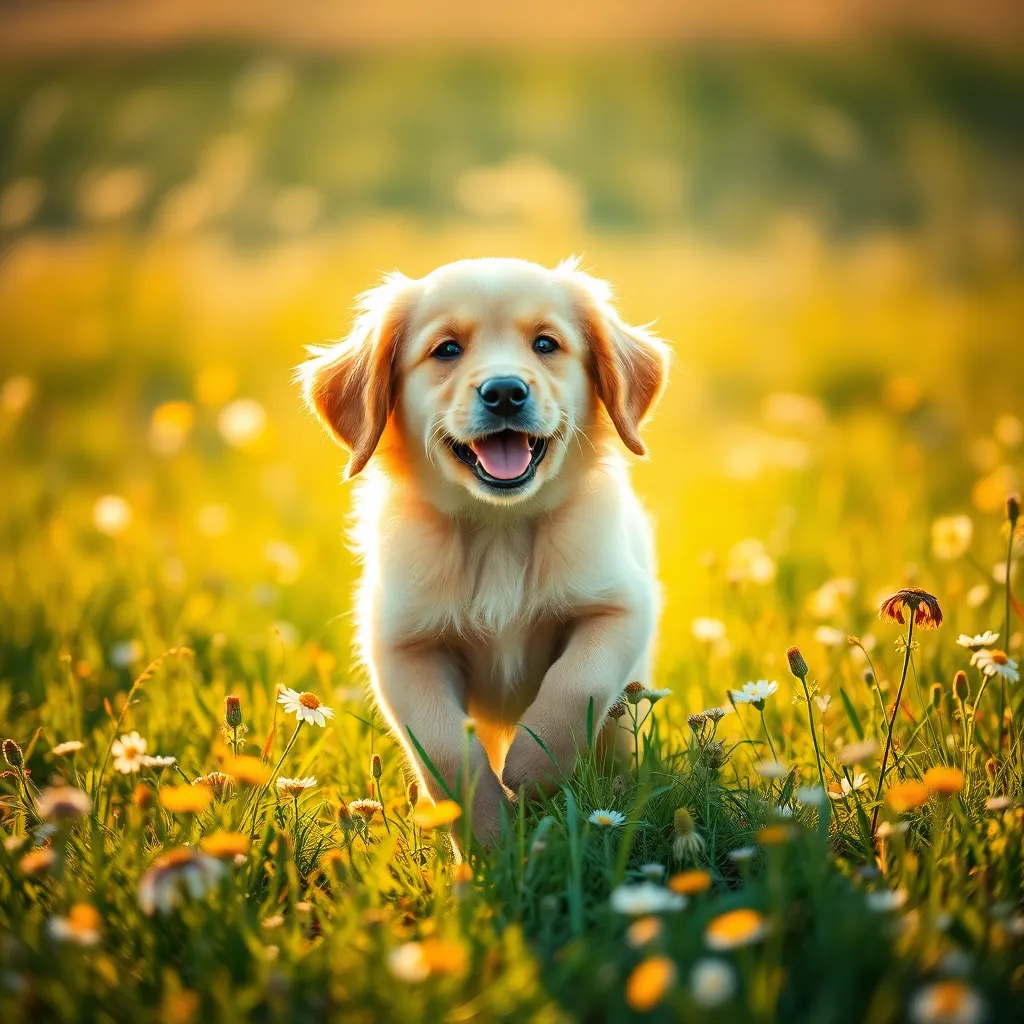 Playful Golden Retriever Puppy in Meadow