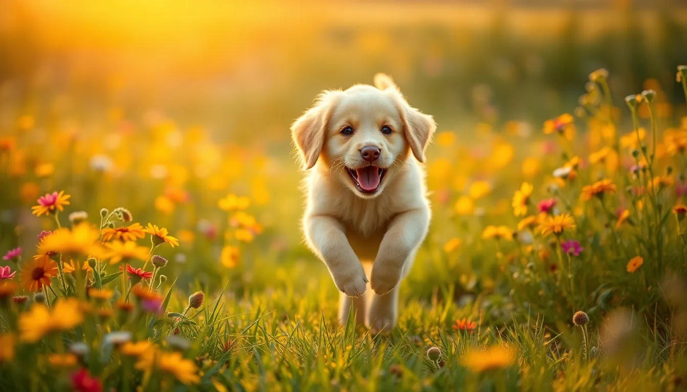 Golden Retriever Puppy in Wildflower Field