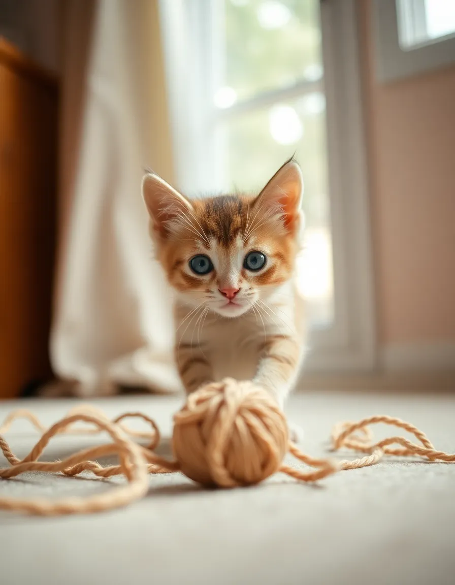 Kitten Playfully Chasing Yarn