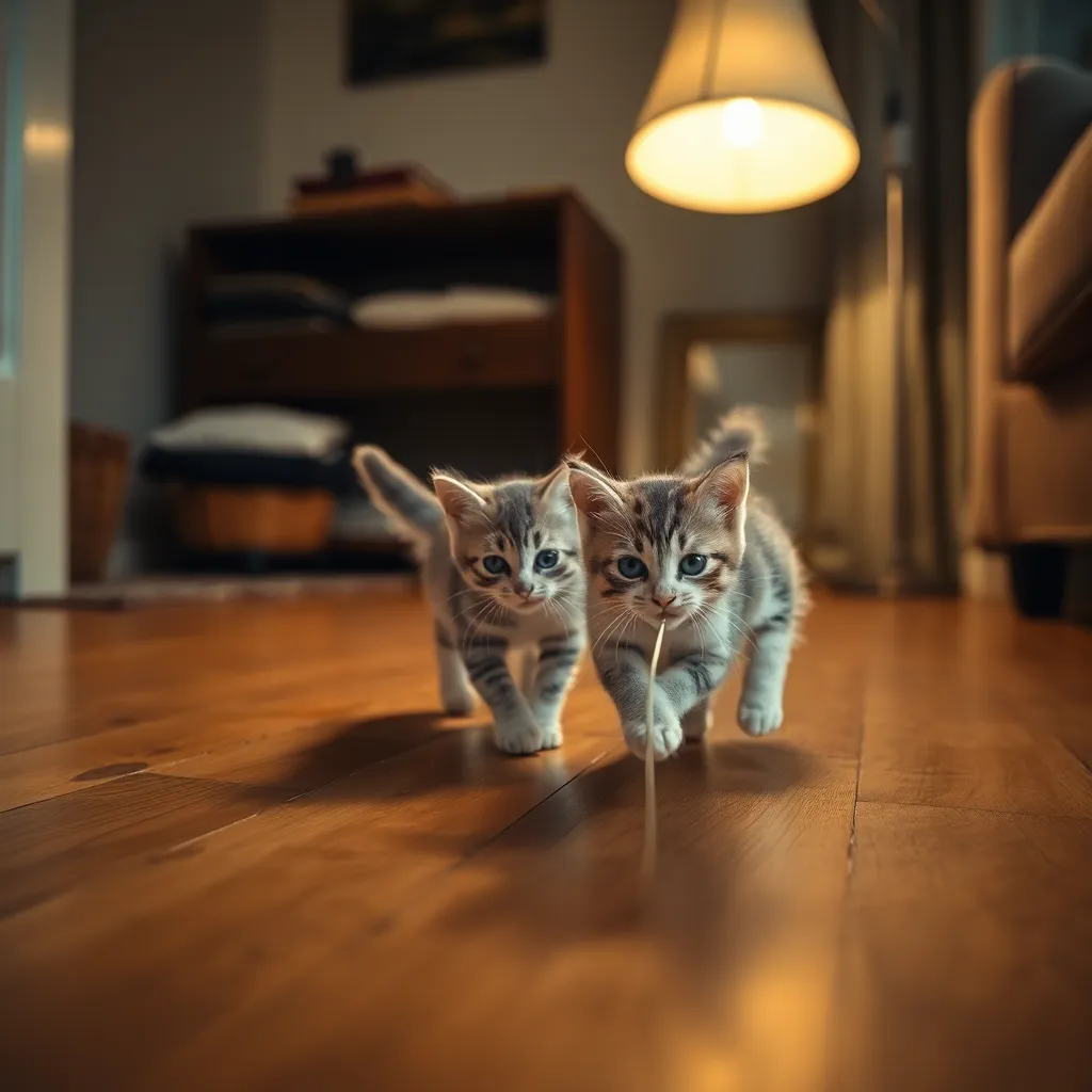 Kittens Playing with String on Wooden Floor