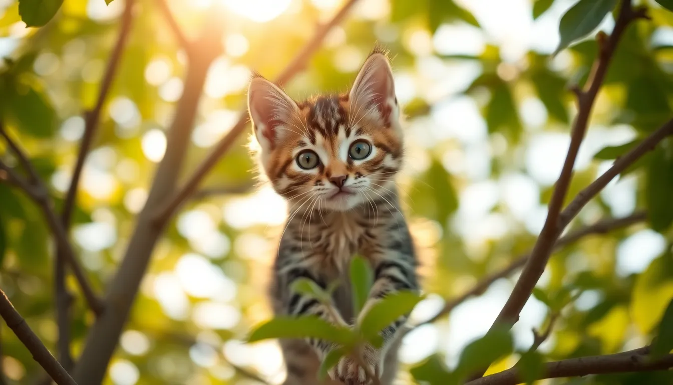 Curious Tabby Kitten Climbing Tree