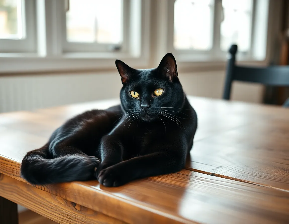 Elegant Black Cat Relaxing on Oak Table