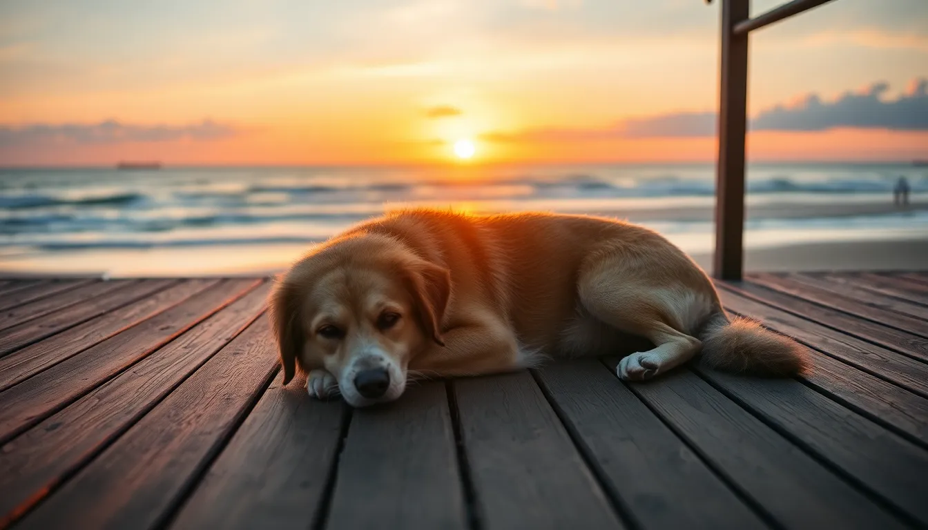 Dog Relaxing on a Sunset Beach Deck