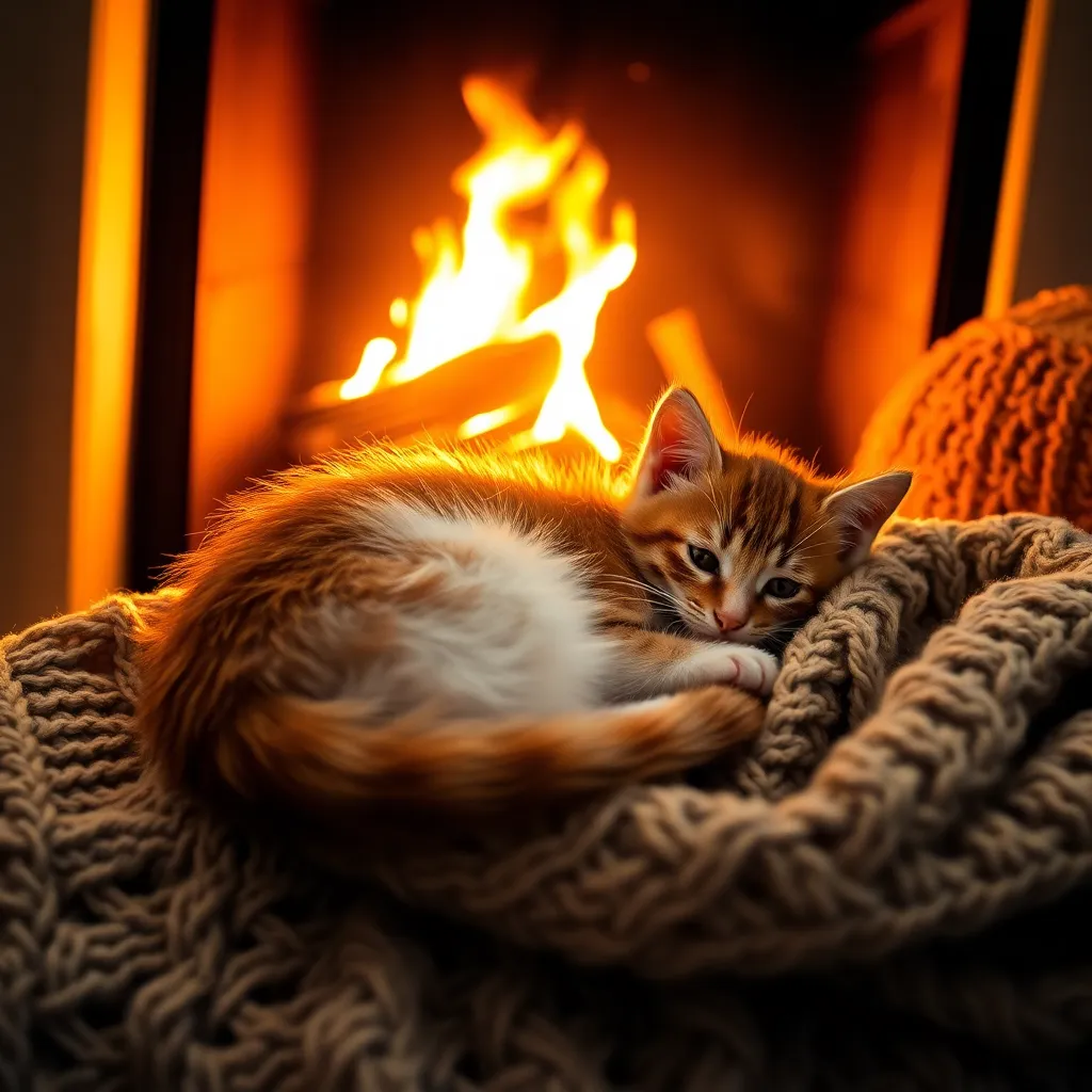 Cozy Kitten by the Fireplace