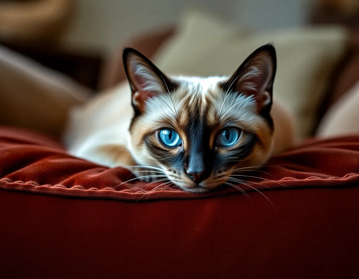 Siamese Cat Relaxing on Velvet Cushion