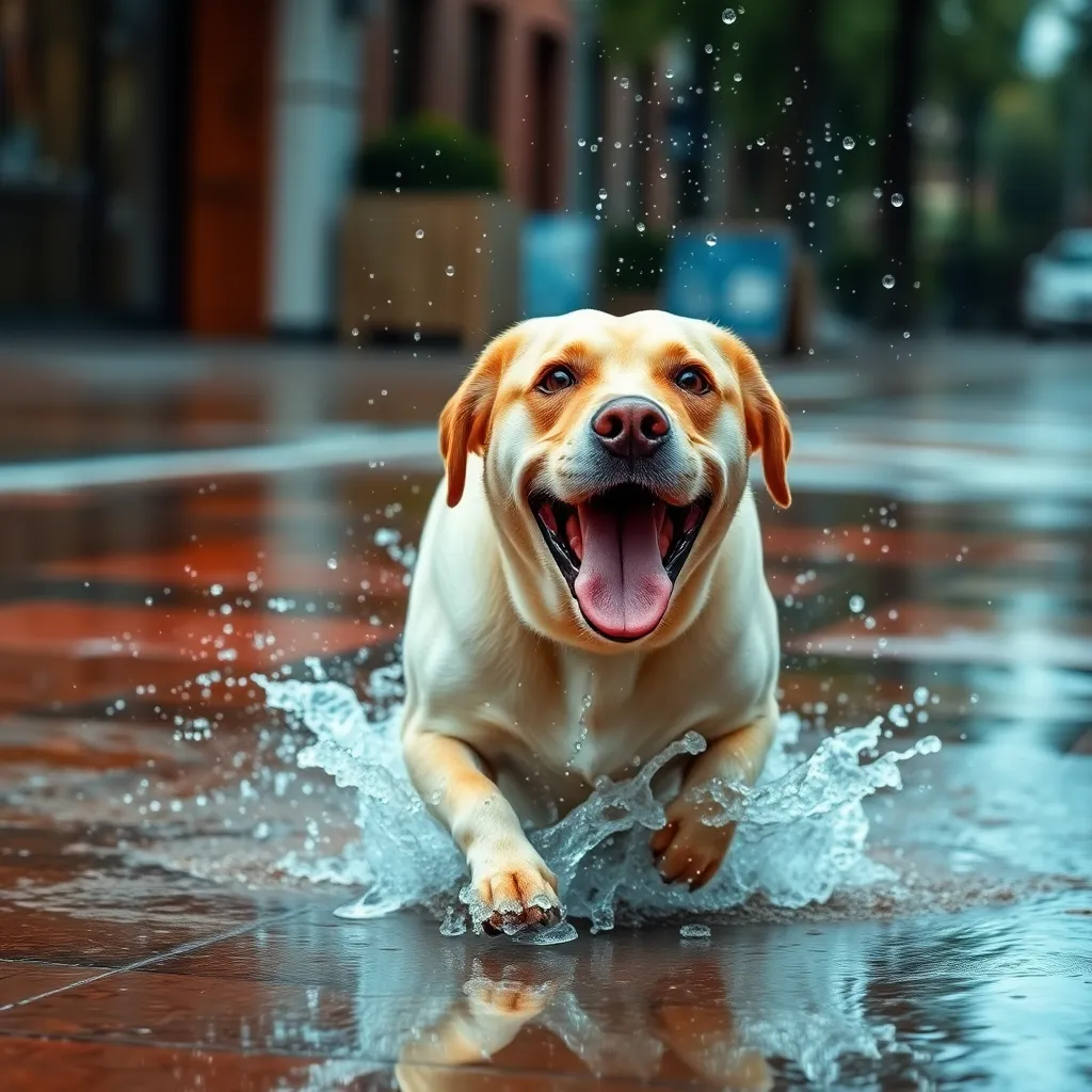 Labrador Playing in Rainy Puddle