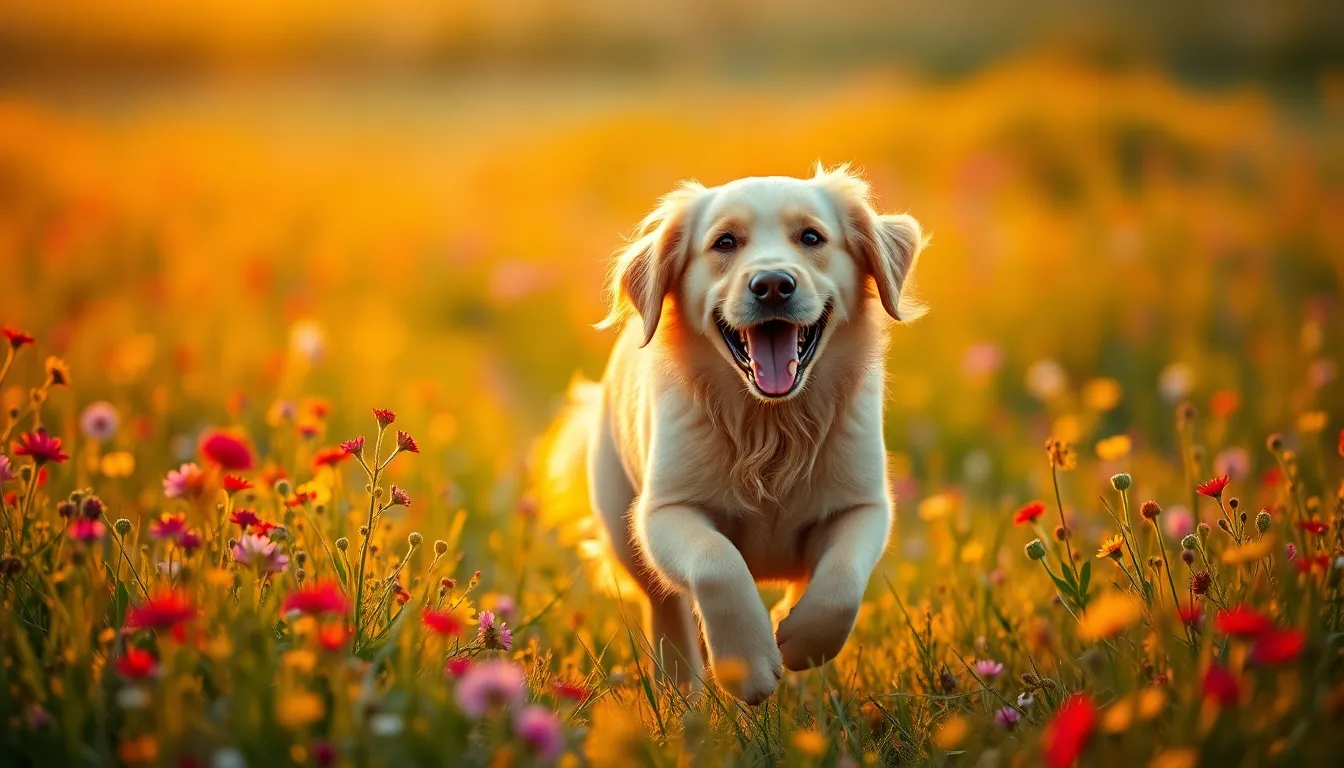 Playful Golden Retriever in Wildflower Field