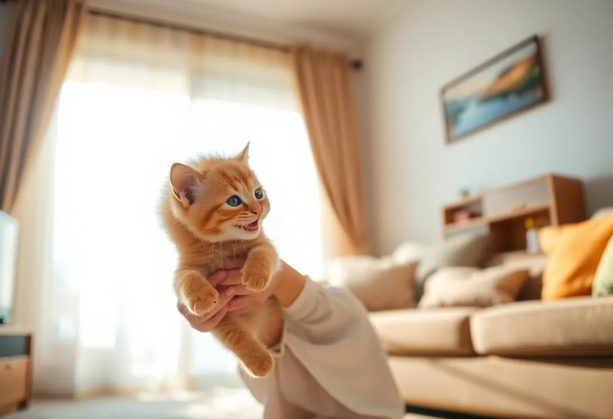 Child Playing with Ginger Kitten in Living Room