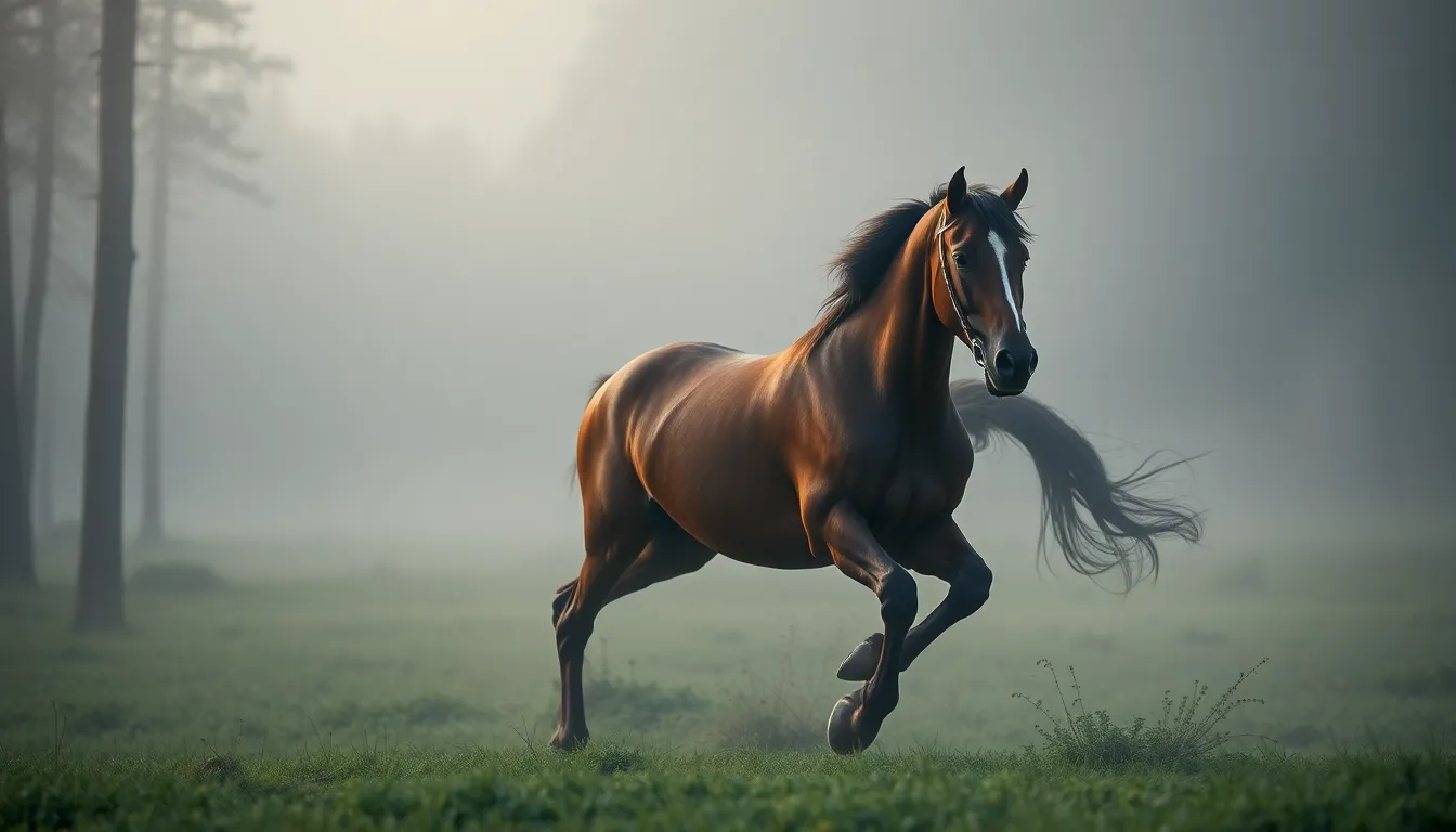 Majestic Horse Galloping Through Misty Forest