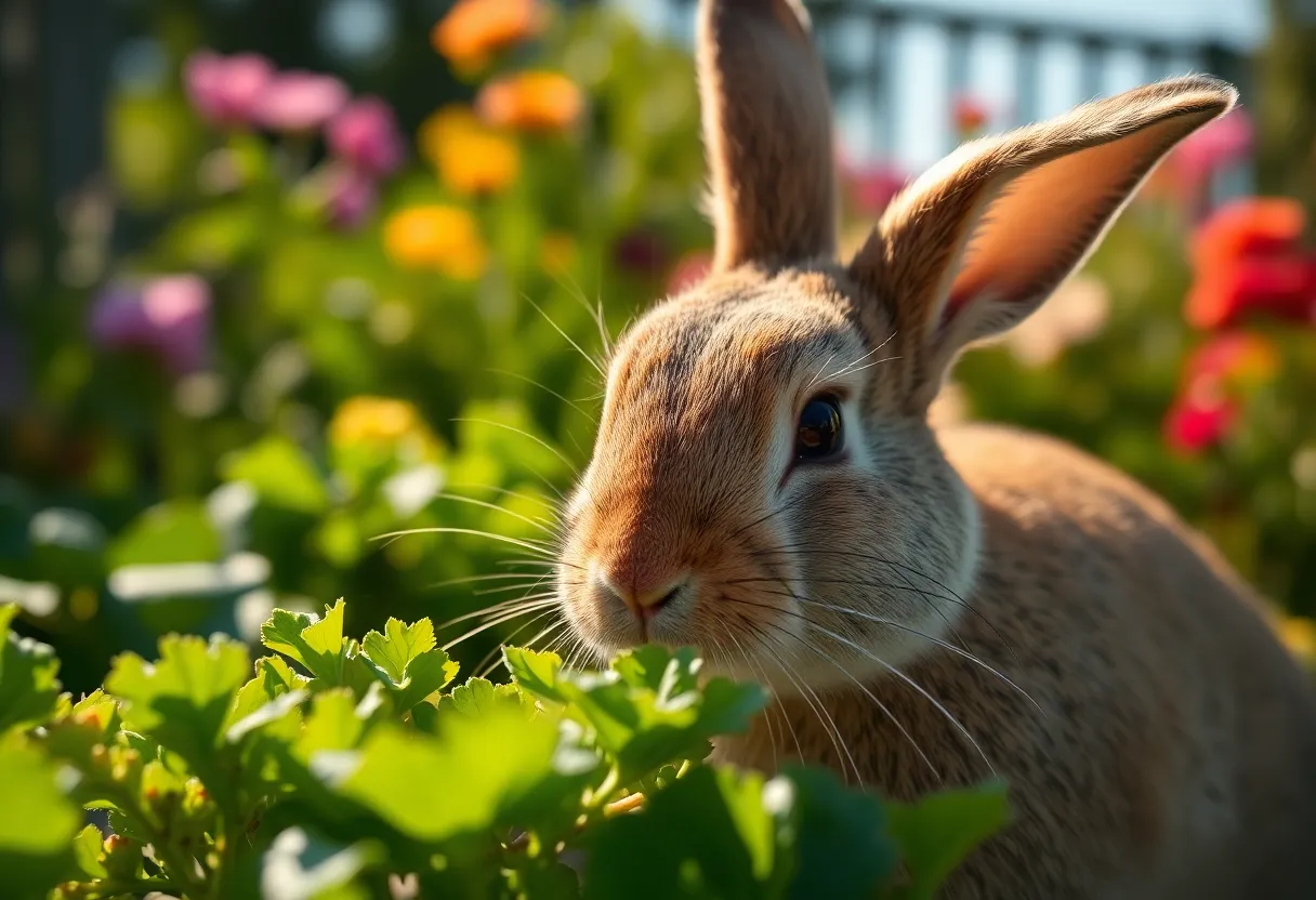 Rabbit Nibbling Fresh Greens in Garden