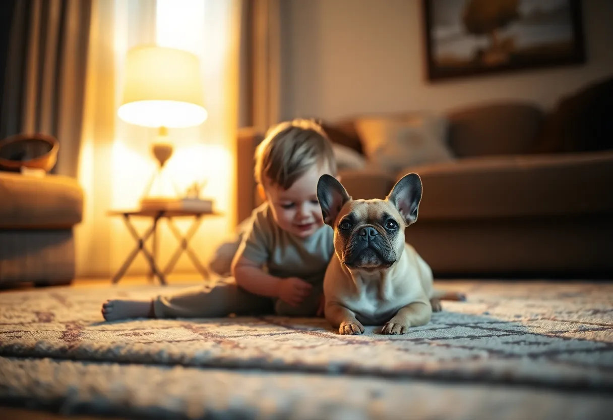 Child and French Bulldog Playing Indoors
