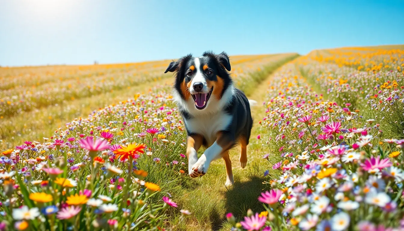 Australian Shepherd Running Through Wildflowers