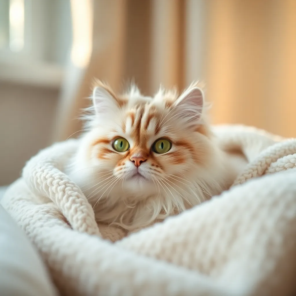 Elegant Persian Cat Snuggled in Blanket