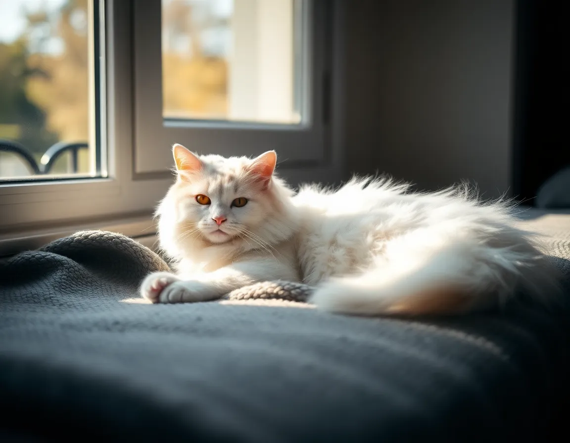 Fluffy White Cat Relaxing by the Window