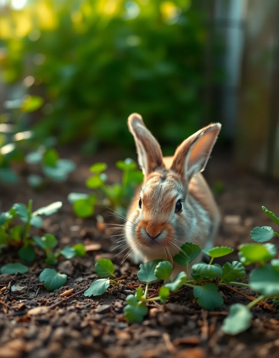 Rabbit Nibbling in Rustic Garden