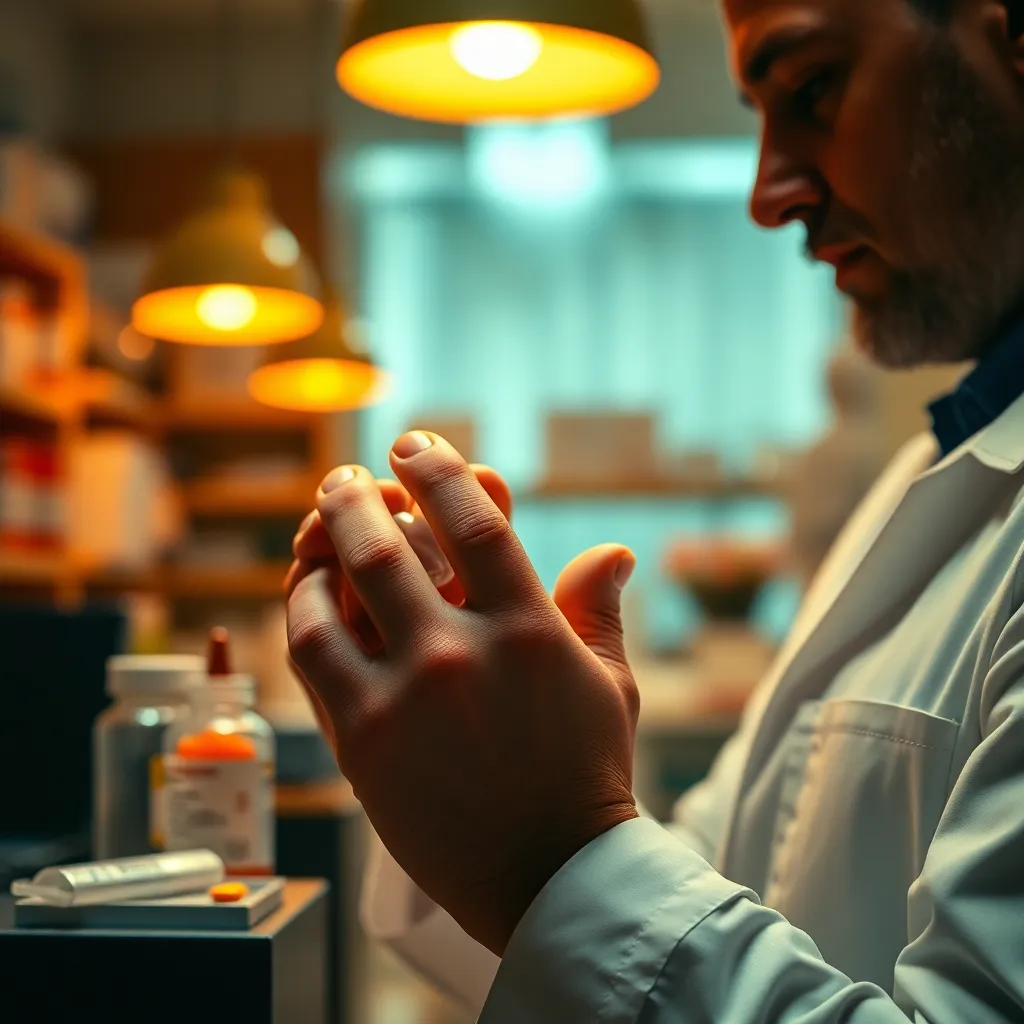 This image offers a captivating close-up of a pharmacist diligently preparing a prescription. The warm lighting and selective focus on the pharmacist's hands emphasize the meticulous nature of their work. Surrounded by an array of colorful prescription bottles, the scene reflects the importance of accuracy and care in pharmacy operations. The warm color palette adds to the comforting and professional vibe of the healthcare setting.