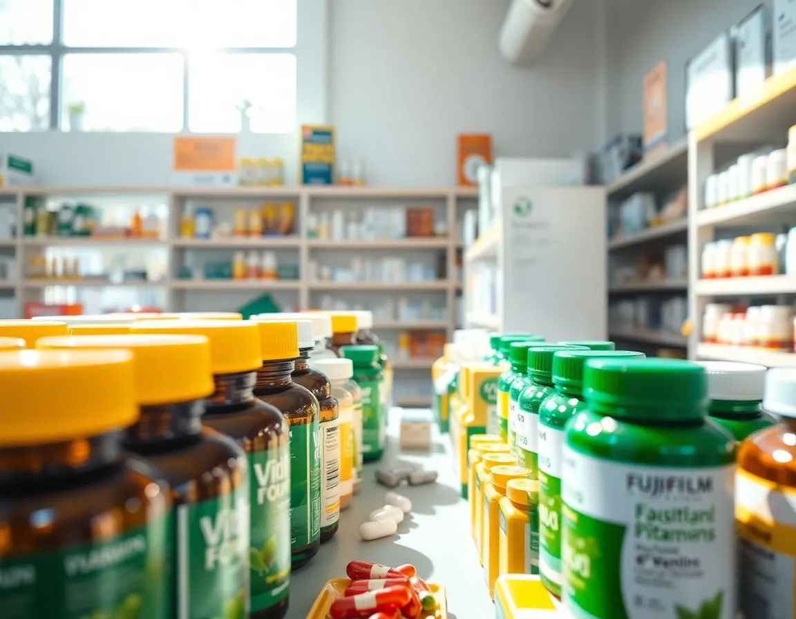 This vibrant image features a well-organized display of vitamins and supplements in a pharmacy setting. Natural daylight enhances the fresh colors of the product labels while revealing intricate textures and details. The symmetrical composition invites viewers to explore the various health options available, making it a fantastic representation of modern pharmacy offerings. The bright greens and yellows underscore the vitality associated with health and wellness.