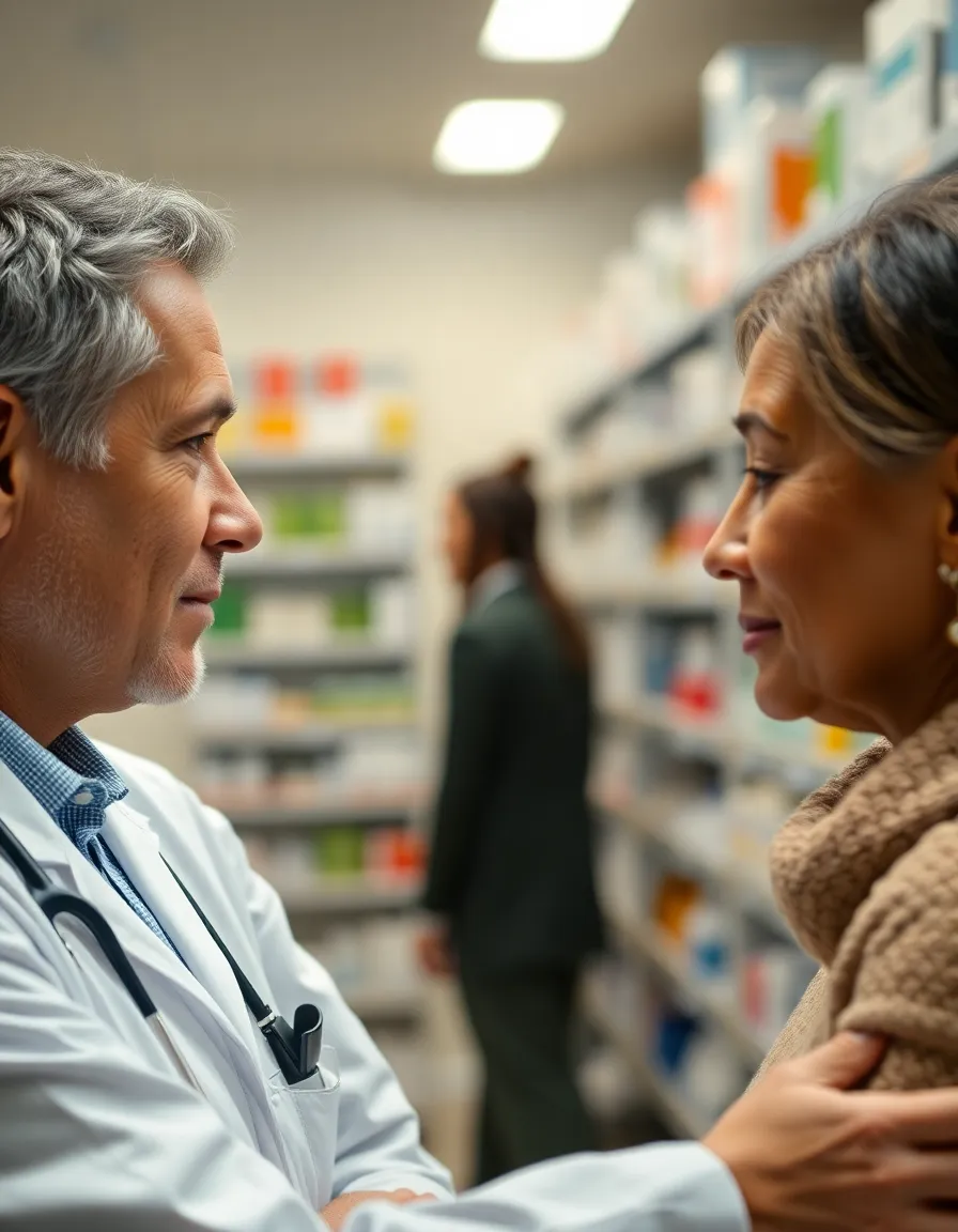 This image depicts a healthcare professional engaged in a consultation with a patient in a pharmacy setting. The bright lighting and clinical composition enhance the professionalism of the environment, while the soft bokeh background keeps the focus on the interaction. The image captures the importance of communication and personalized care in pharmacy services, making it an ideal representation of patient-centered healthcare.