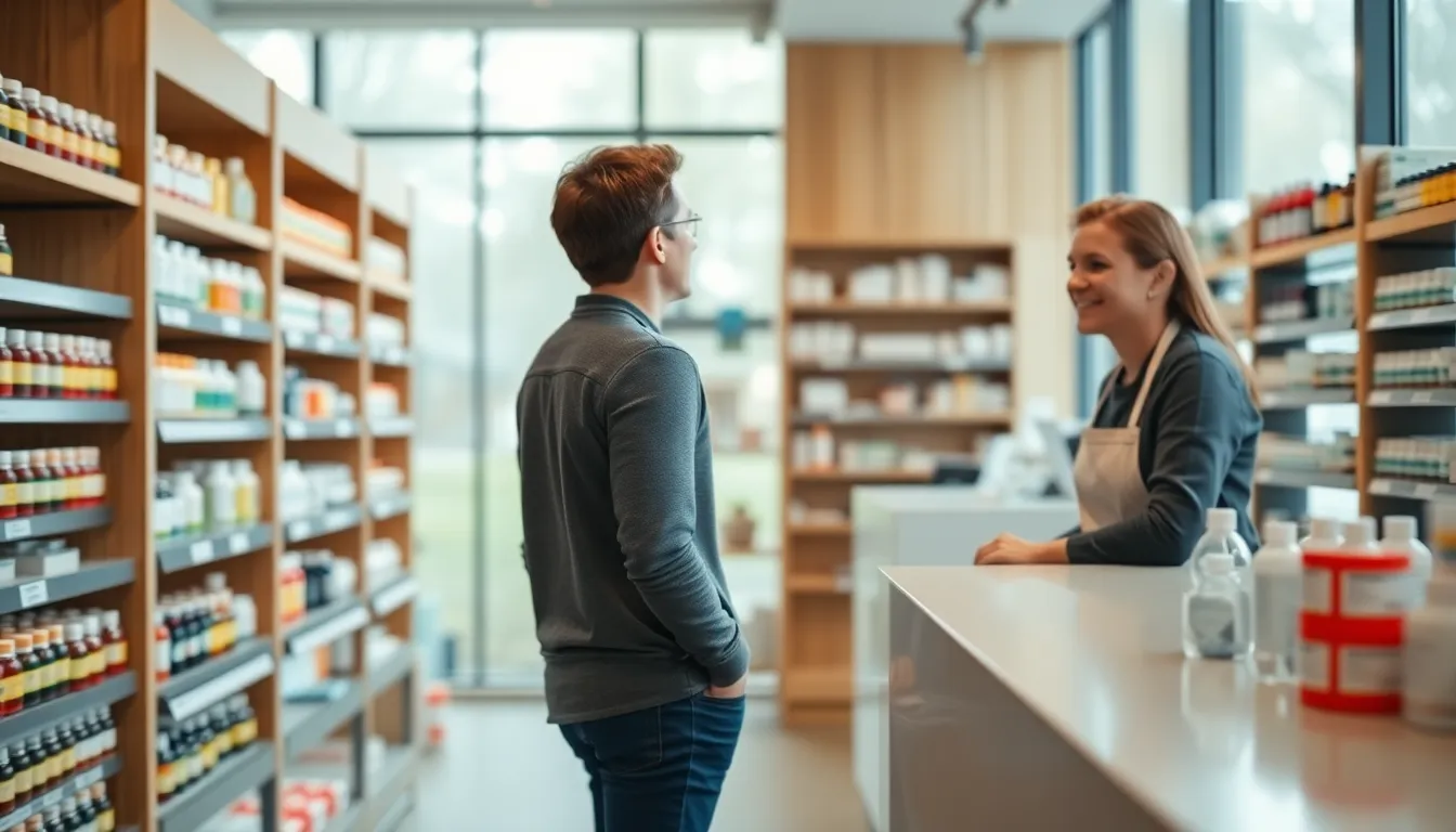 This image captures a modern pharmacy interior, featuring a pharmacist attending to a customer amidst bright natural light. The inviting decor combines warm wooden textures with colorful medicine bottles, creating a professional yet approachable atmosphere. The focus on the pharmacist and customer interaction conveys warmth and trust, emphasizing the essential role of pharmacies in healthcare. The softly blurred background enhances the feeling of personal service.