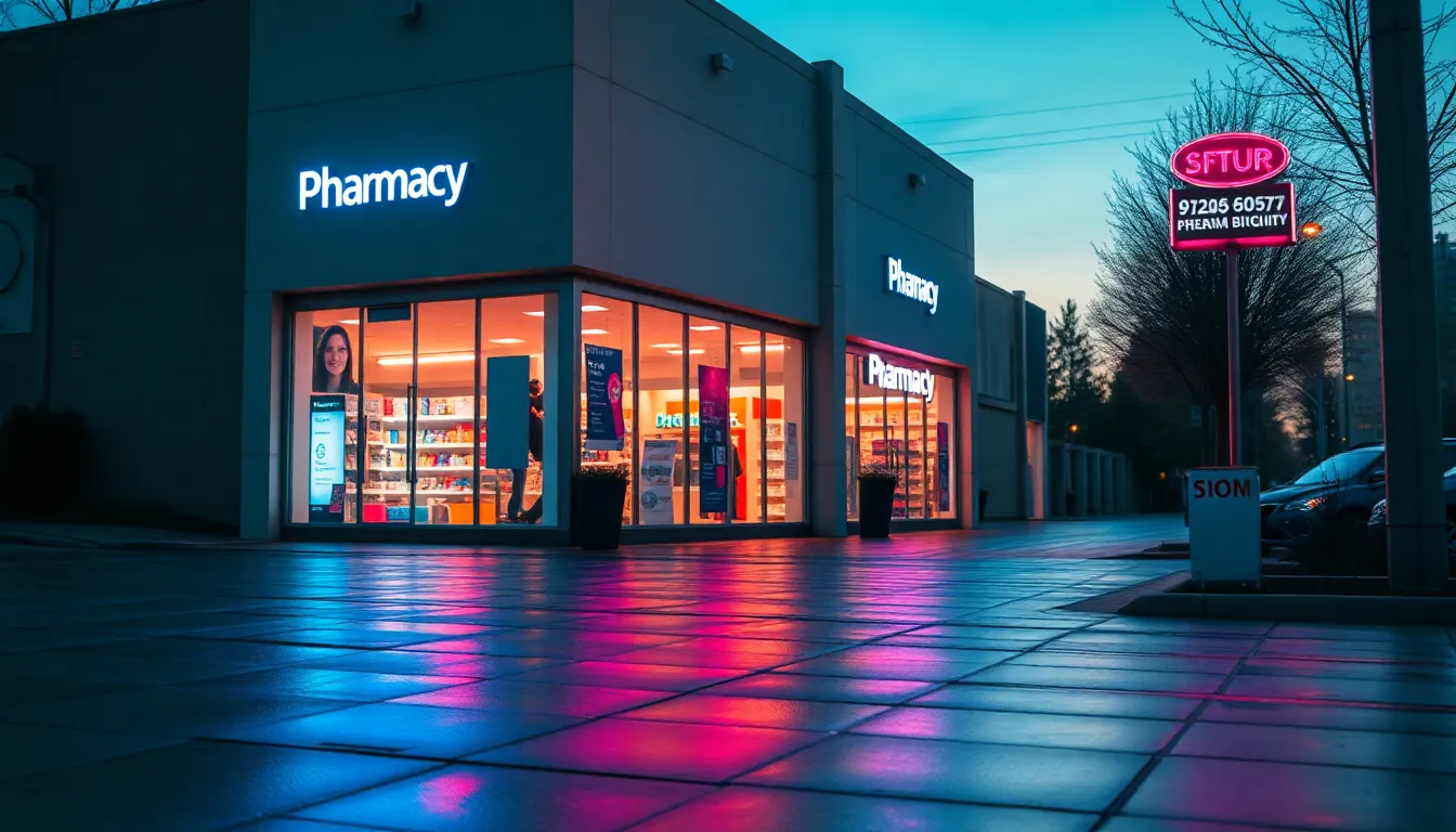 This tranquil image showcases a modern pharmacy exterior illuminated by neon signage at dusk. The soft blue and magenta lights reflect off the wet pavement, creating a serene atmosphere. The sharp detail throughout the scene captures the inviting storefront, while the leading lines of the sidewalk enhance the composition. This image emphasizes the accessibility of pharmacies and their critical role in the community, especially during evening hours.