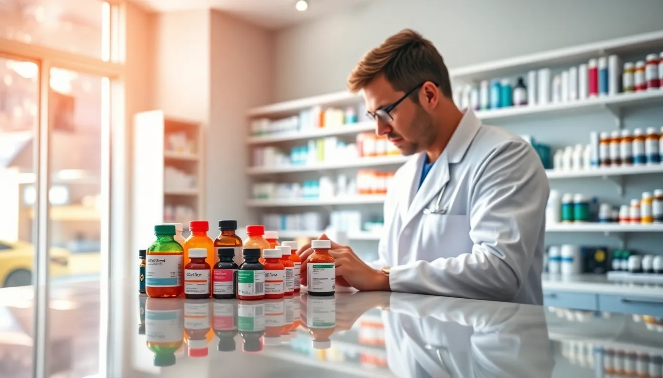 A pharmacist is seen carefully organizing an array of colorful prescription bottles on a polished marble countertop inside a bright pharmacy. Natural daylight streams through the front window, creating soft reflections and illuminating the space. The warm color palette and inviting atmosphere convey a sense of professionalism and care. The image's composition highlights both the pharmacist and the organized products, emphasizing the attention to detail in the pharmacy setting.