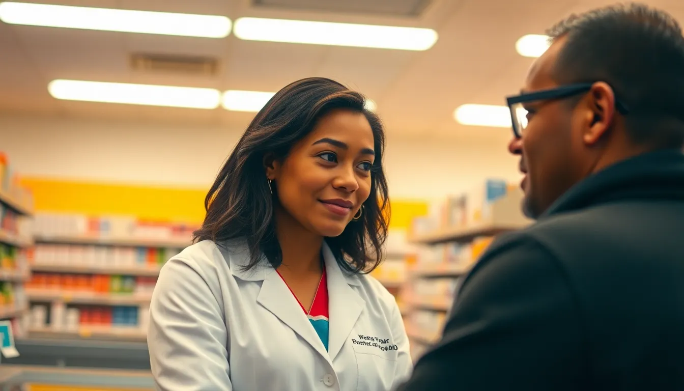 This image captures a friendly pharmacist assisting a customer in a well-stocked pharmacy. Warm fluorescent lighting enhances the welcoming atmosphere, highlighting the pharmacist’s genuine smile. The softly blurred background emphasizes the interaction, drawing attention to the informative exchange. Rich textures, from the polished counter to the subtle skin imperfections, add realism.