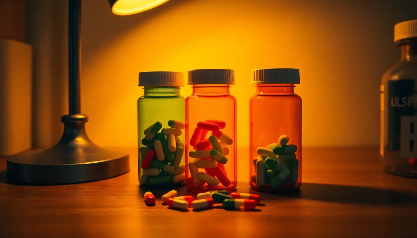 This vibrant image showcases three prescription pill bottles arranged on a wooden countertop, illuminated by a warm tungsten desk lamp. The vivid colors of the pills pop against the natural wood texture, accentuating their details. Soft shadows create depth, while the shallow depth of field draws the viewer's eye to the bottles. This scene evokes a sense of care and professionalism in the pharmacy environment.
