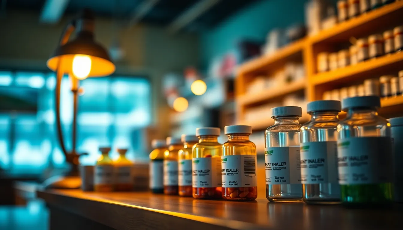 Vibrant Pharmacy Counter with Prescription Bottles This image showcases a pharmacy counter cluttered with colorful prescription bottles, beautifully lit by a warm tungsten desk lamp. The shallow depth of field gently blurs the background, while the vibrant colors reflect the health and vitality of the pharmacy environment. The wooden counter adds a rustic touch, with reflections from the brushed stainless steel surfaces enhancing the overall texture. This composition invites the viewer into a welcoming and professional healthcare space.
