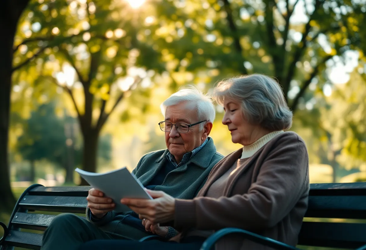 Elderly Couple Reading Medication Instructions in a Park An elderly couple sits together on a park bench, engrossed in reading medication instructions. Dappled sunlight filters through the tree canopy, creating beautiful bokeh highlights that enhance the serene atmosphere. The couple’s skin tones are warm and inviting, reflecting their connection and care for each other. The Dutch angle adds a sense of intimacy and dynamism to this moment, emphasizing the importance of healthcare in daily life.