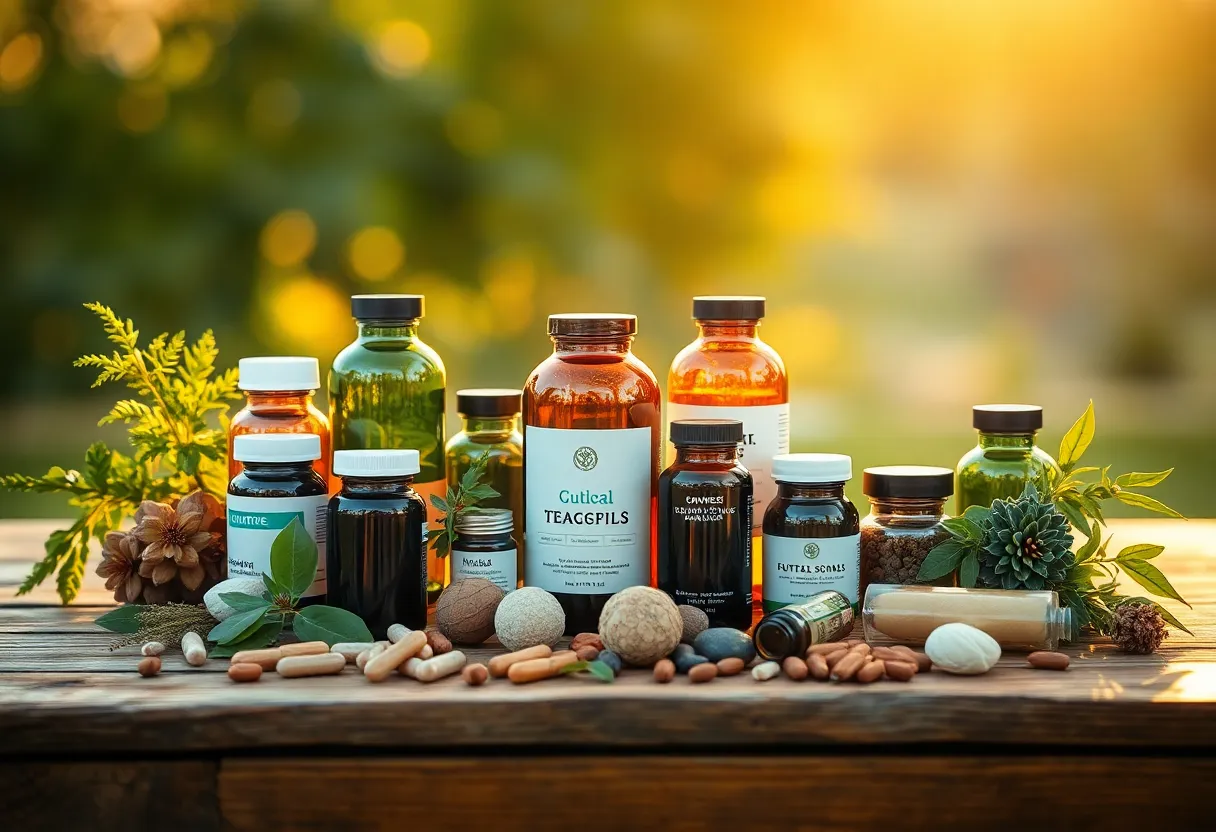 This striking image features a variety of herbal supplements and vitamins beautifully arranged on a rustic oak table. Bathed in the warm glow of golden hour light, each bottle shines as the natural textures and colors come to life. The macro perspective allows for intimate details to be highlighted, emphasizing the organic nature of the products. The centered composition conveys balance and harmony, perfect for illustrating the importance of wellness in personal health.