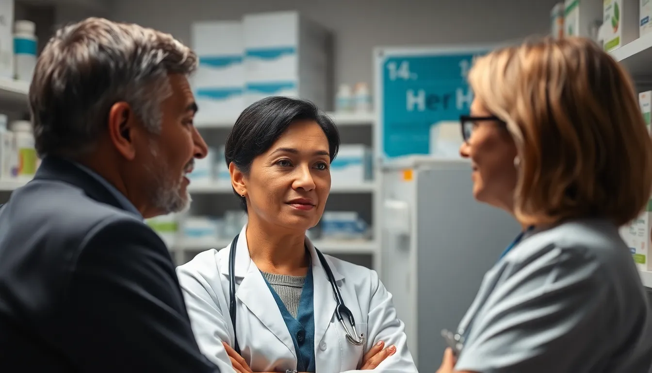 A well-composed image of a patient consulting with a healthcare professional in a modern pharmacy setting. Utilizing a three-point lighting setup, the scene is illuminated evenly, showcasing the details and expressions of both individuals. The hyperfocal depth of field ensures both are in sharp focus, with shelves filled with medical supplies providing context. The warm skin tones and creamy highlights create a sense of trust and professionalism.