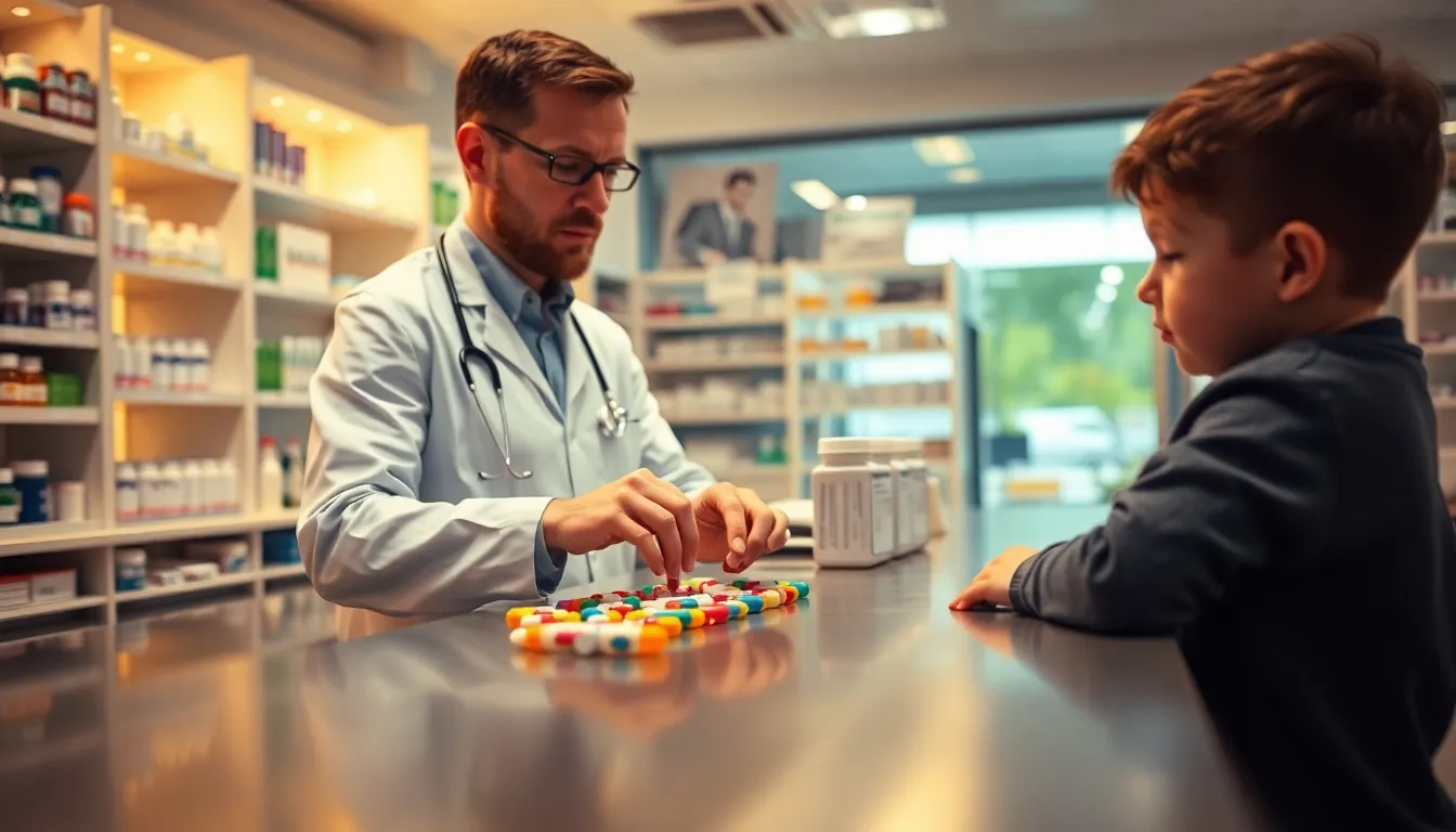 This engaging image showcases a dedicated pharmacist preparing a personalized medication regimen for a young patient, created with warm, inviting lighting. The cozy atmosphere, combined with a brushed stainless steel counter and vibrant tablets, conveys a sense of professionalism and care. The shallow depth of field draws attention to the pharmacist's meticulous work, while the soft bokeh in the background captures the curiosity of the young patient, emphasizing the importance of tailored healthcare.
