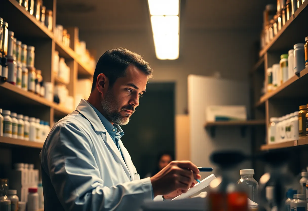 A visually striking image of luxurious pharmaceutical products displayed elegantly on a white marble countertop. Captured during golden hour, the warm rim light enhances the rich colors of the products, while the creamy bokeh softens the background. The meticulous arrangement showcases the texture of the marble, creating a sense of sophistication and quality. This image evokes feelings of trust and high standards in healthcare.