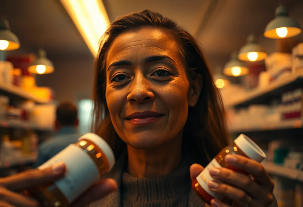 An overhead view of a pharmacy shelf showcasing an organized assortment of vitamins and supplements in vibrant packaging. The soft daylight filtering through the windows creates an inviting atmosphere while illuminating the details of each product. This hyper-realistic capture ensures every label is in focus, enhancing the appeal of the display. The composition, with leading lines formed by the shelf edges, draws the viewer’s attention through the colorful array.