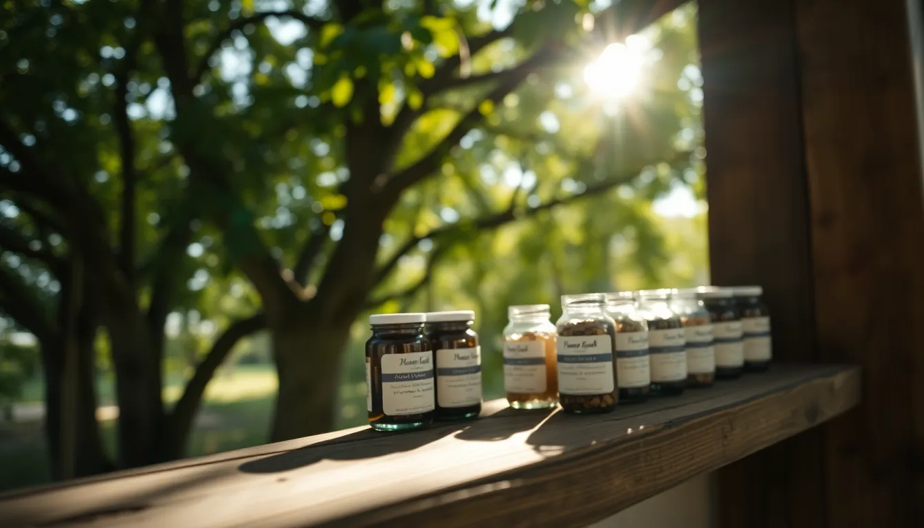 Herbal Medicine Jars on Rustic Pharmacy Shelf This serene image captures a collection of herbal medicine jars meticulously arranged on a rustic wooden shelf in a pharmacy. The dappled sunlight filtering through the tree canopy creates enchanting bokeh highlights, adding a touch of nature to the indoor setting. With selective focus on the jars, every intricate label is brought to life, conveying the essence of holistic healing. The soft, muted color palette enhances the organic appeal, inviting a sense of calm and wellness.