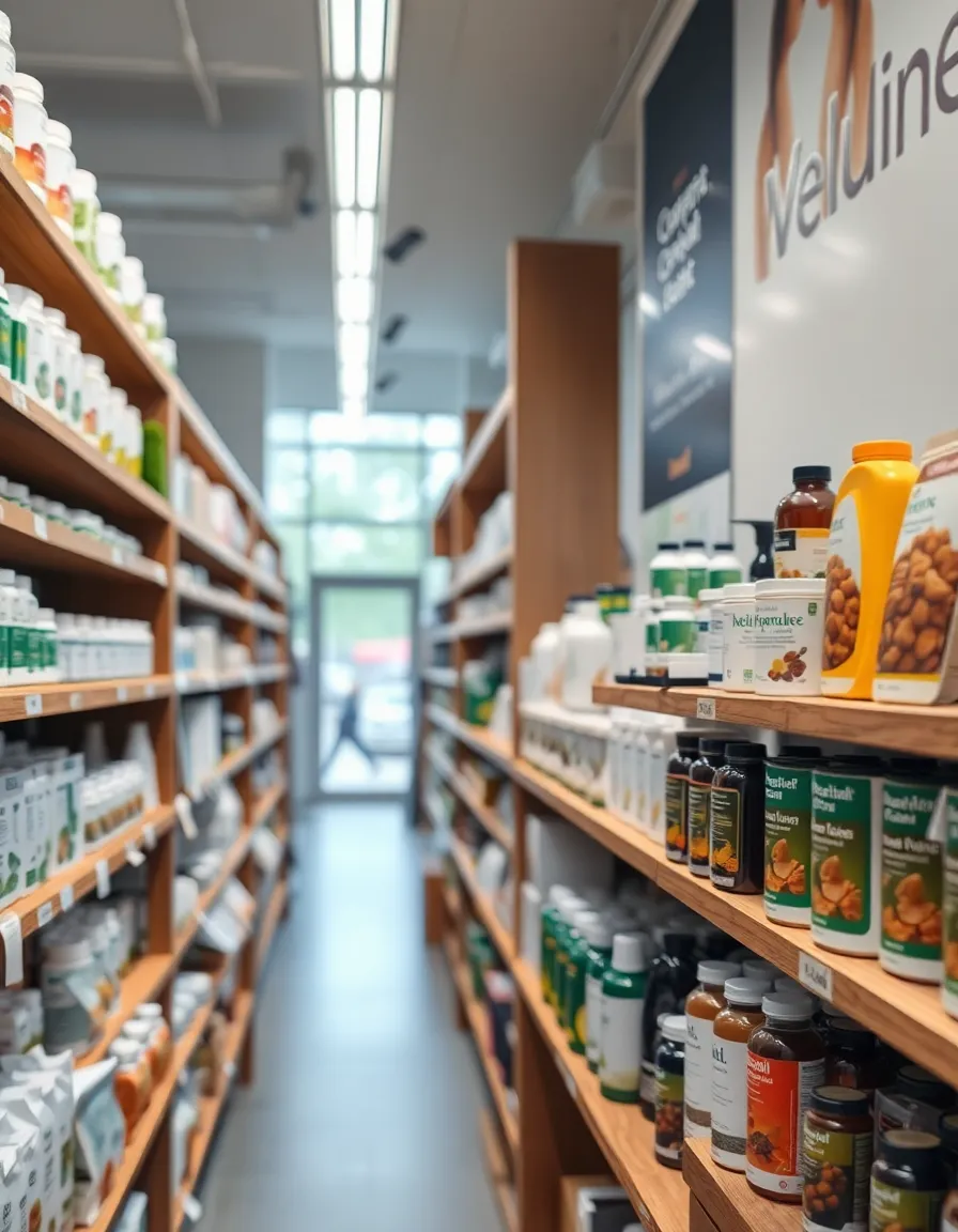Inside a modern pharmacy's wellness section, an array of health products is artfully displayed on wooden shelves, illuminated by soft overcast daylight. Detailed textures of natural ingredients on the packaging are captured vividly, showcasing the commitment to quality. The natural muted tones reflect earthy colors that evoke a sense of health and wellness. The shallow depth of field draws the viewer’s focus to the products, while the slightly off-center composition creates a dynamic balance, enhancing the visual appeal.