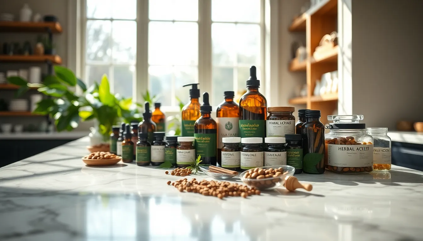 This striking image showcases an array of herbal remedies and supplements elegantly arranged on a marbled counter. Natural light filtering through the window highlights the rich greens and earthy browns of the products, creating an inviting atmosphere. With selective focus on the display, leading lines guide the viewer's gaze to the focal point, enhancing the overall composition. Details of the marble surface add sophistication to the scene.
