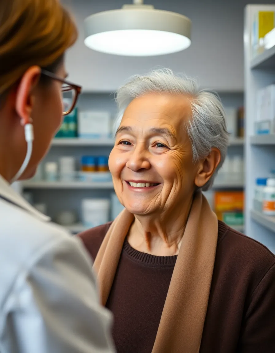 This heartwarming image features an elderly patient receiving a consultation at a pharmacy, illuminated by soft butterfly lighting. The warm tones and shallow depth of field focus on the patient's trusting smile, creating an emotional connection. The symmetrical composition enhances the subject’s importance, while the blurred background details suggest a supportive environment dedicated to healthcare.