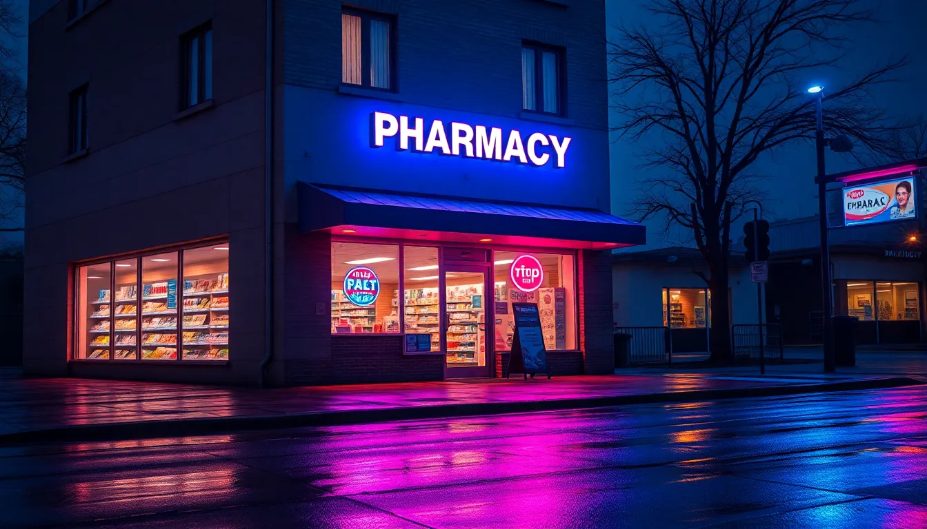 Inviting Pharmacy Exterior at Dusk